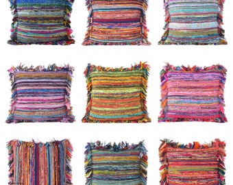 Hand Braided Beautiful Multi Color Cotton Chindi Pillow Cover Bohemian Pillow Cover Recycled Chindi Cushion Cover Home Décor Throw Pillow