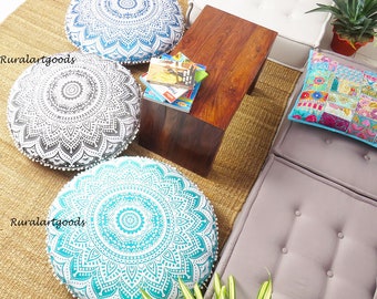 Large Mandala Floor Pillows, Ombre Printed Round Bohemian Meditation Cushion Covers, Boho Furniture Bohemian Accent Floor Sitting