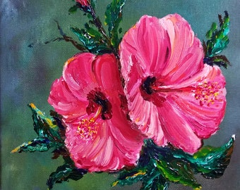 Vibrant Pink Hibiscus, Original Oil Painting, Hand-Painted Floral Artwork, blooming flowers. Indoor plants painting. Flower Painting,12x8in