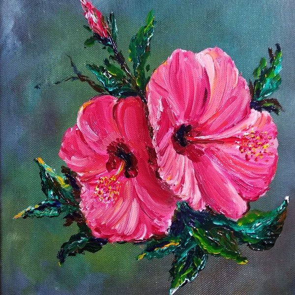 Hibiscus rose vibrant, peinture à l’huile originale, œuvre d’art florale peinte à la main, fleurs épanouies. Peinture de plantes d'intérieur. Peinture de fleurs, 12x8 pouces