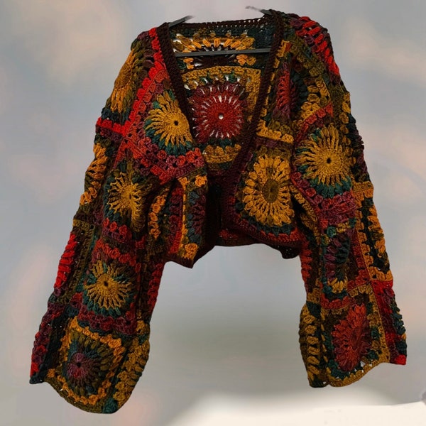 PDF Crochet Cardigan Pattern For Woman - Bohemian Style Granny Square Design - Digital Download