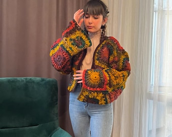 Crochet Cardigan Pattern| Crochet PDF Pattern - Bohemian Style Granny Square Design - Digital Download - English