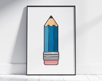 Minimalist Blue Pencil Print for Creatives - Colourful Wall Art, Perfect for Teachers, Fun Bedroom Decor, Minimalist Classroom Decor