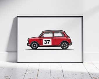 Classic Mini Cooper Red Monte Carlo Print, Austin Mini Car, Car Print, Printable Car, Transportation Wall Art, Blue Car Poster, Car Guy Gift