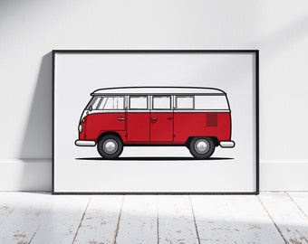 Impression de camping-car rouge, art mural automobile, affiche de voiture classique, art mural de chambre d’enfants, art des transports, décor de chambre de garçons, impressions de véhicules