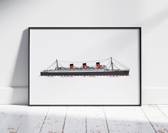 RMS Queen Mary Print, Nautical Wall Art, Cunard, Classic Ship Poster, Kids Room Wall Art, Transportation Art, Boys Room Decor, Ship Prints