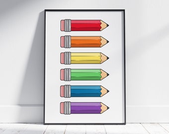 Rainbow Pencil Print, Fun Posters for Kids, Home Office Wall Art, Artist Gifts, Gifts for Teachers, Minimalist Decor, Classroom Art