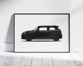 Black Mini Cooper Wall Art - Simple Car Print, Ideal Gift for Car Guys, Unique Poster for Kids Room, Modern Automobile Decor