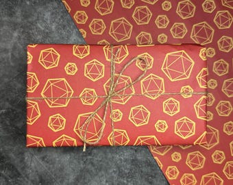 Red & Gold D20 Dice Gift Wrap | DnD Wrapping Paper | Tabletop RPG Birthday Gift | TTRPG Gift Wrap Sheets