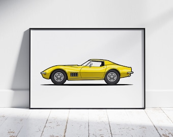 Yellow Corvette Stingray Print, Classic Car Poster, Hot Rod, Automobile Art, Car Print, Boy Nursery, Kids Bedroom, Vehicle Wall Art, Car Art