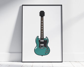 Teal Gibson SG Standard Print, Guitarist Gifts, Music Room Decor, Studio Wall Art, Bedroom Posters, Present For Musician