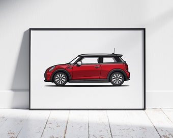 Red & White Mini Cooper Wall Art - Simple Car Print, Ideal Gift for Car Guys, Unique Poster for Kids Room, Modern Automobile Decor