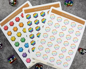 Rainbow D20 Dice Sticker Sheet: Dungeons & Dragons, Game Night, Gaming Journal