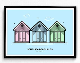 Southsea Beach Huts Poster - Portsmouth Travel Poster, Pompey Print, Travelling, Wanderlust, Travellers Gift, Print, Poster