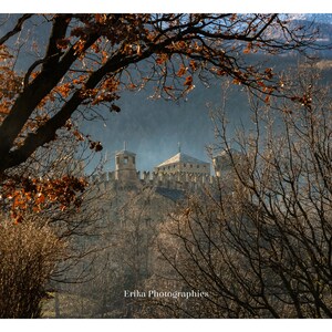 Può includere: Una vista di un castello di pietra con più torri, visto attraverso i rami di alberi spogli con alcune foglie arancioni. Il castello è situato sullo sfondo di un fianco di montagna con un cielo nuvoloso.