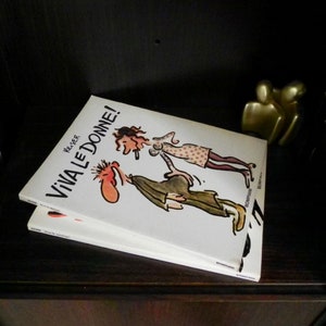 Könnte beinhalten: Zwei Bücher auf einer dunklen Holzoberfläche gestapelt. Das obere Buch trägt den Titel "VIVA LE DONNE!" mit einer Cartoon-Illustration von zwei Personen. Im Hintergrund eine kleine goldene Skulptur von zwei Figuren.