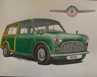 Morris Mini Woody Traveller. A fine art pencil drawing print