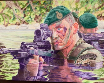 May include: A detailed pencil drawing of a soldier in camouflage gear, wearing a green beret with a badge, holding a rifle with a scope. The soldier is in a body of water, with green foliage in the background. The soldier's face is partially obscured by camouflage paint. The soldier's uniform has a patch that reads "Royal Marines Commando".