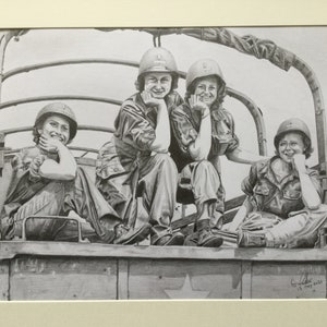 US Army Nurses during WW2.  Fine art pencil print.