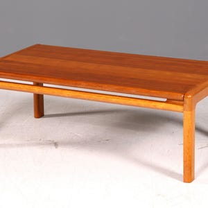 Peut inclure: Une table basse rectangulaire fabriquée en bois brun clair. La table présente une surface supérieure lisse et plate avec un motif de grain de bois visible et quatre pieds droits et robustes reliés par des traverses horizontales sur les quatre côtés.