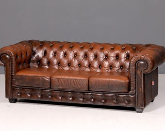 Wunderschönes Original Chesterfield 3-Sitzer Sofa Echt Leder Englische Couch England Polstersofa Antik Vintage Ledersofa