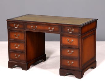 Bellissima scrivania inglese con piano in vera pelle, scrivania da ufficio in mogano in stile antico