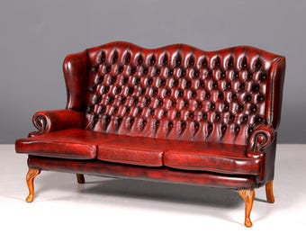 Bellissimo divano Chesterfield originale in stile Queen Anne, divano a 3 posti, divano in pelle inglese, divano imbottito, antico inglese