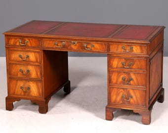 Prachtig Engels bureau met blad van echt leer, antiek kantoorbureau uit de jaren 60.