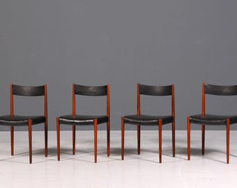 4x Schlichte Mid Century Stühle Palisander Retro Stuhlset echt Leder Danish Design Küchenstühle