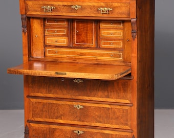 Prachtige Gründerzeit secretair, art nouveau ladekast, antiek, massief hout, circa 1890