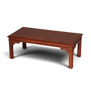 Op de afbeelding: Een rechthoekige salontafel met een gladde, donker roodbruine houten afwerking. De tafel heeft vier rechte, gecanneleerde poten en decoratieve gebogen schorten die de poten met het tafelblad verbinden, wat zorgt voor een strakke uitstraling.