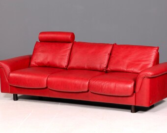 Lindo sofá Stressless E300 original na cor vermelha, sofá reclinável de couro, sofá de 3 lugares