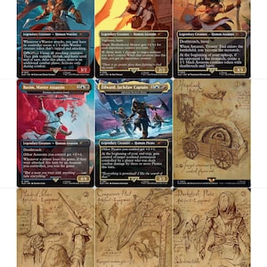May include: Nine Magic: The Gathering trading cards featuring fantasy art and character descriptions. The cards showcase various characters, including warriors, assassins, and pirates, with detailed illustrations and game mechanics.