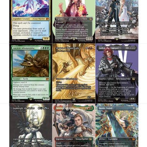 Può includere: Un insieme di carte di Magic: The Gathering con illustrazioni fantasy. Le carte presentano personaggi come Aerith Gainsborough e Sephiroth, con diversi tipi di creature e abilità.