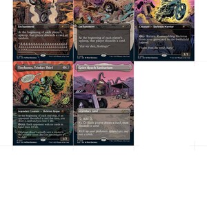 May include: A collection of five Magic: The Gathering trading cards featuring stylized artwork of skeletons on motorcycles and hot rods. The cards are titled Bottomless Pit, Necrogen Mists, Reassembling Skeleton, Tinybones, Trinket Thief, and Geier Reach Sanitarium, each displaying unique game text and illustrations.