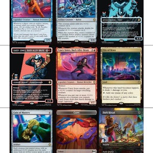 Puede incluir: Nueve cartas coleccionables de Magic: The Gathering con personajes y artefactos. Las cartas incluyen "April O'Neil, Human Element", "Big Mother Mouser", "Casey Jones, Back Alley Brute" y "Coin of Mastery". Las cartas tienen varios estilos de arte y texto.