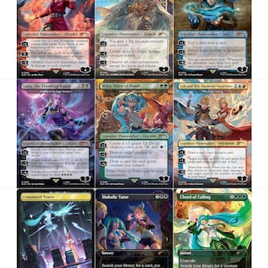 May include: A collection of Magic: The Gathering trading cards with diverse characters. The cards display colourful artwork and text detailing game mechanics. The cards feature characters like Chandra, Elspeth, Jace, Liliana, Freyalise, and Will Rowan.