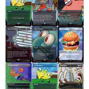May include: Nine Magic: The Gathering trading cards featuring SpongeBob SquarePants and other characters. The cards have various illustrations and text, including "Counterspell," "Daze," and "Food." The cards are in English.