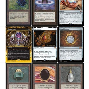 May include: A collection of Magic: The Gathering trading cards. The cards feature various artifacts, including a Lotus Petal, Lion's Eye Diamond, and Mox Diamond. The cards have detailed artwork and text descriptions.