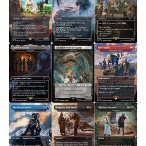 May include: Nine Magic: The Gathering trading cards are displayed. The cards feature fantasy art and text, including creatures, spells, and artifacts. The cards have various colors and designs, with titles like "Killer Rabbit of Caerbannog" and "The Bridge of Death."