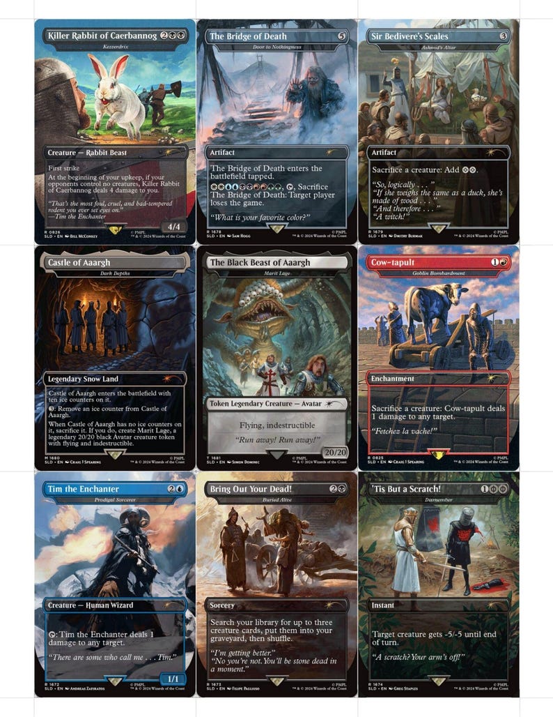 K&ouml;nnte beinhalten: Neun Magic: The Gathering Sammelkarten werden gezeigt. Die Karten zeigen Fantasy-Kunst und Text, darunter Kreaturen, Zauberspr&uuml;che und Artefakte. Die Karten haben verschiedene Farben und Designs, mit Titeln wie "Killer Rabbit of Caerbannog" und "The Bridge of Death."