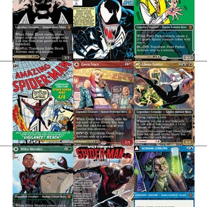 May include: A collection of Marvel Spider-Man trading cards featuring characters like Venom, Spider-Man, and Ghost-Spider. The cards showcase vibrant illustrations and character names, with text describing abilities and stats.