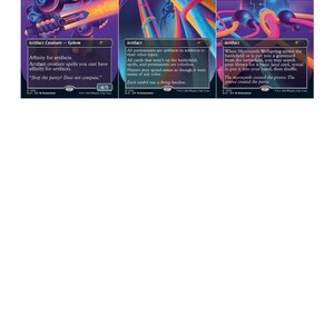 May include: Three Magic: The Gathering trading cards titled Mycosynth Golem, Mycosynth Lattice, and Mycosynth Wellspring. Each card features vibrant neon-colored artwork with purple, blue, and orange hues, displaying text and game rules.