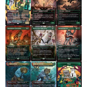 May include: Nine Magic: The Gathering trading cards featuring wolf and werewolf creatures. The cards have various illustrations and text, with a green, black, and white color scheme.
