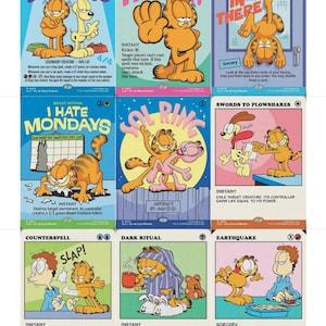 Puede incluir: Nueve cartas coleccionables con los personajes de Garfield y Odie. Las cartas tienen ilustraciones coloridas y texto, con títulos como "Best Buds", "Talk to the Paw" e "I Hate Mondays". Las cartas son de un juego de cartas.