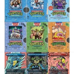 Puede incluir: Nueve cartas coleccionables con personajes de las Tortugas Ninja. Cada carta tiene un diseño único con colores vibrantes e ilustraciones de personajes. Las cartas incluyen personajes como Shredder, Krang y Mondo Gecko, con texto y detalles del juego.