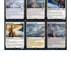 May include: A collection of six Magic: The Gathering trading cards featuring artwork of celestial landscapes and angelic figures. The cards include Seraph Sanctuary, Linvala, Keeper of Silence, Sunblast Angel, and Emeria, the Sky Ruin, all displaying detailed text, mana symbols, and power/toughness stats.