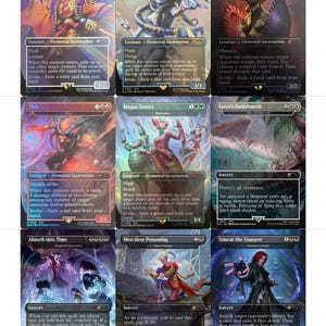 May include: Nine Magic: The Gathering trading cards featuring fantasy art. The cards showcase various creatures and spells, with vibrant colors and detailed illustrations. Each card has text describing its abilities and mana cost.