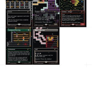 Könnte beinhalten: Eine Sammlung von Magic: The Gathering-Sammelkarten. Die Karten zeigen verschiedene Fantasy-Illustrationen und Texte, darunter Zaubersprüche, Kreaturen und Länderkarten. Die Karten haben einen schwarzen Hintergrund mit farbigen Akzenten und Text.