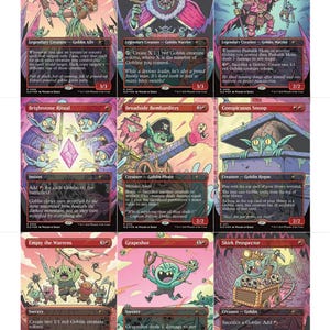 Może przedstawiać: Dziewięć kart kolekcjonerskich Magic: The Gathering z postaciami goblinów. Każda karta ma unikalne grafiki i tekst, z żywymi kolorami i motywami fantasy. Karty zawierają postacie takie jak Zada, Krenko i Pashalik Mons.